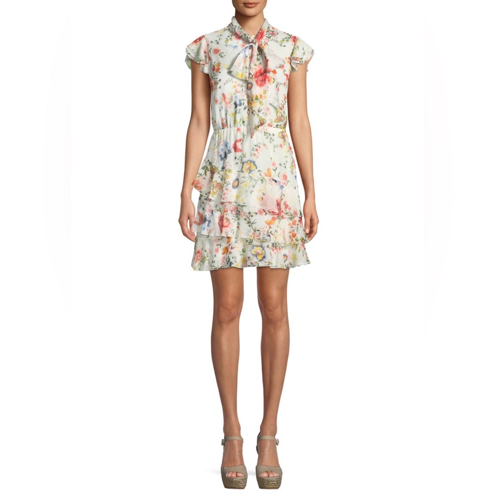 Alice + Olivia Leslie Tie-Neck Floral-Print Silk Ruffle Tiered Dress Size 6